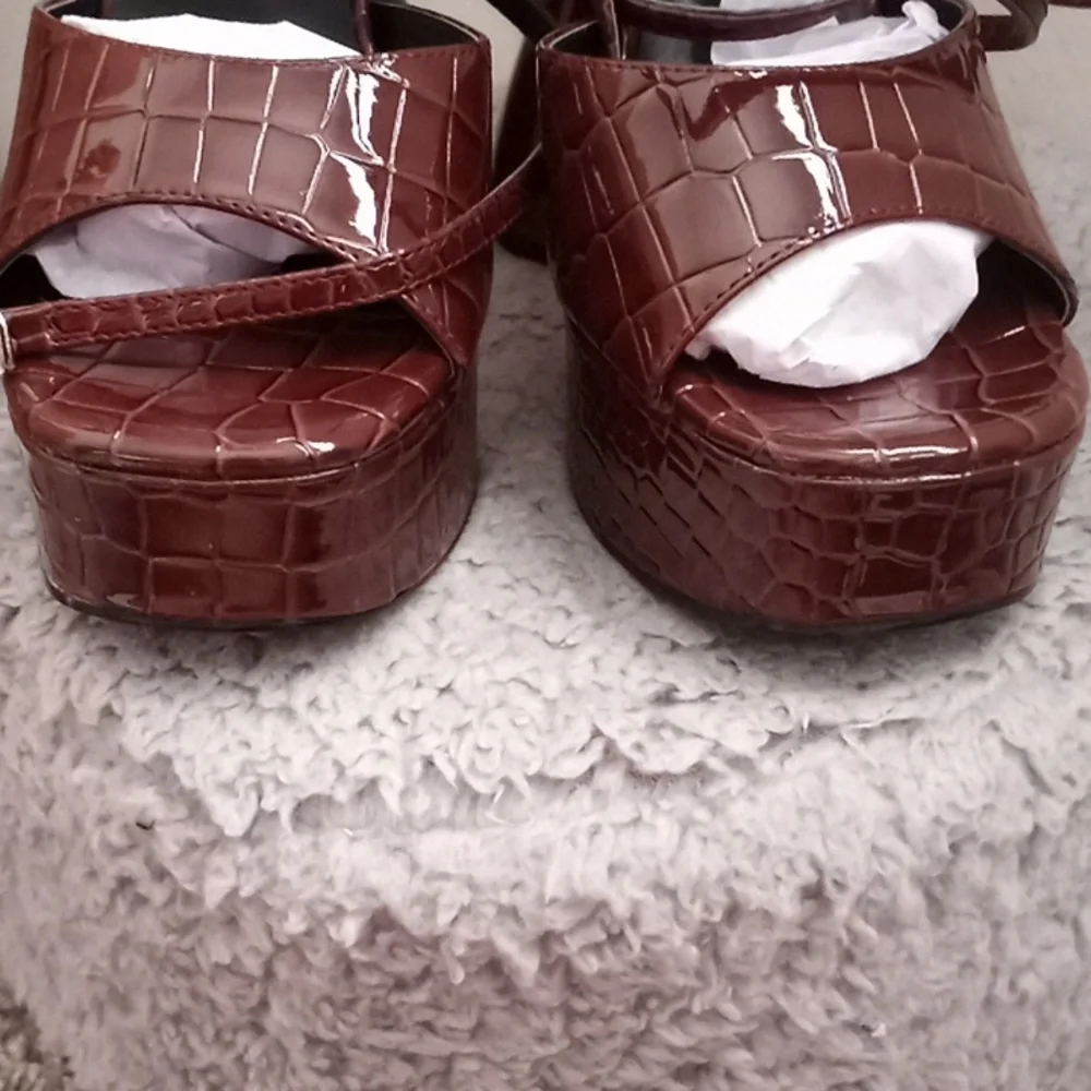 Brown Croc-Embossed Platform Sandals
